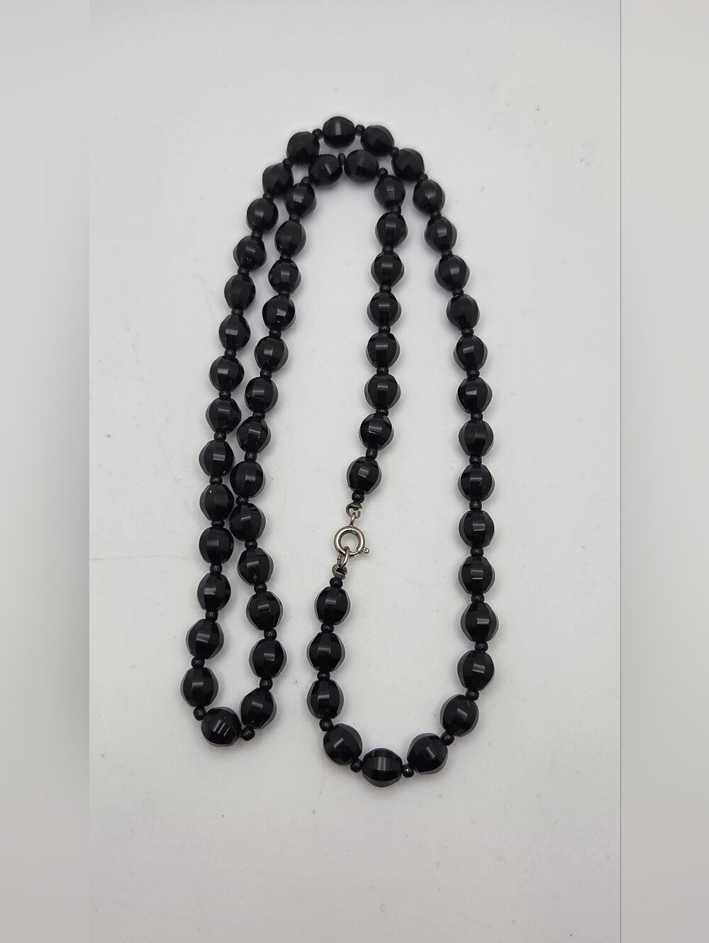Vintage Jet Black Faceted Beaded Strand Necklace Mid-Century Art Deco Style